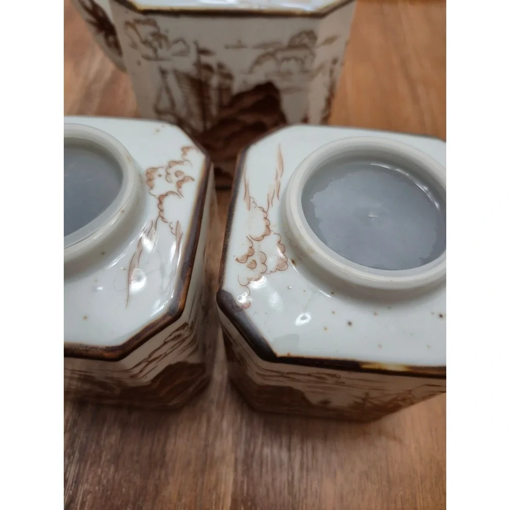 Japan Tea Set Vintage 40s 50s White Brown Nautical Ship Tea Caddies Teapot